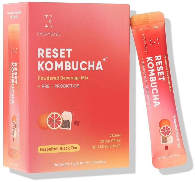 Everydaze BT21 리셋 콤부차 티 파우더 음료 믹스 | 스틱 10개 | 프리바이오틱스 + 프로바이오틱스 | 비건 | 설탕 무첨가 글루텐 프리 스파클링 파우더 드링크, 자몽 홍차 - 쿠팡