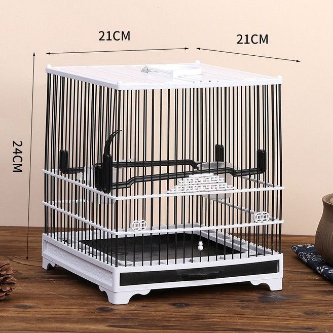 塑鋼手提鳥籠 帶抽屜 玻璃槓 繡眼籠, 1個, 白框黑條,0.9絲距標配+站槓+盃托果叉小碗