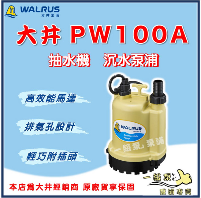 【一級泵】大井 PW100A 1/8HP 1吋 家用小型 沉水泵浦 抽水機 水龜 清除積水, 1個, 220V