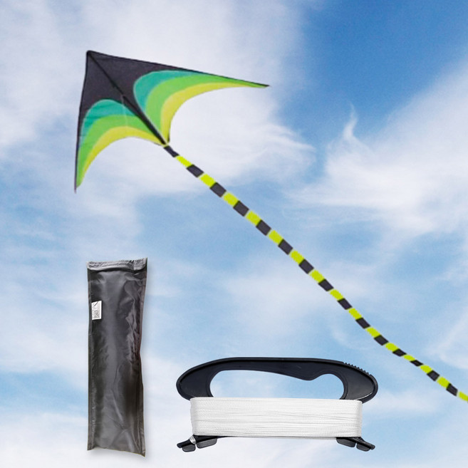 연빠람 컴팩트 가오리연 접이식 초경량 접으면 45cm 펼치면 1.6M + 꼬리 5M, 그린+핸들얼레, 1세트