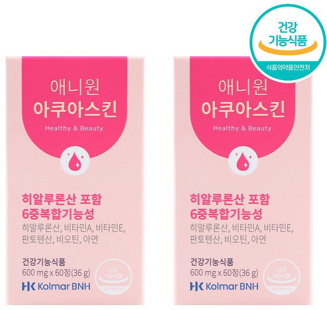 [미감미소] 애니원아쿠아스킨 1박스(1개월분) 히알루론산 콜라겐 비오틴 비타민A 비타민E 판토텐산 아연 6중복합기능성 피부속부터 빛나는 피부건강 UP 한국콜마, 2박스, 60정