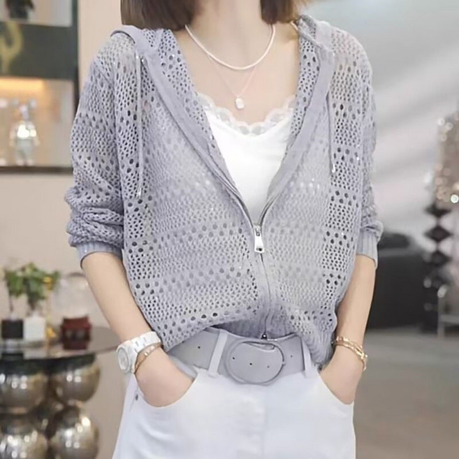 IWMAFT 여성 봄 여름 니트 후드 집업 가디건 펀칭 짜임 루즈핏 긴팔 시스루 아우터 SQ1064