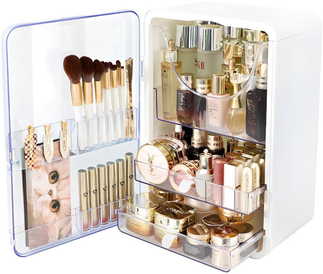 ZOZOFO 특대형 멀티 화장품정리대 서랍형 화장품 정리함 쿠션 팩트 립스틱정리함 투명 아크릴덮개형 하이클래스 화장품정리함 화장대 정리, 화이트, 1개