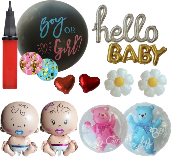 베이비샤워 14종풍선세트 손펌프포함 헬로우베이비 젠더리빌 성별공개파티, 1팩, 1.젠더리빌세트+빨간색펌프