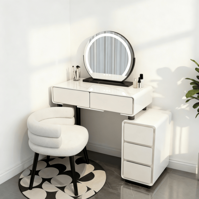 (무료 설치)화장대 세트 의자 포함 미니 화장대 LED화장대 세트 삼색가구 (화장대+수납장+LED거울+화장의자) H5201 (5~9일 도착), 흰색, 80CM-화장대+수납장+LED거울+B화장의자