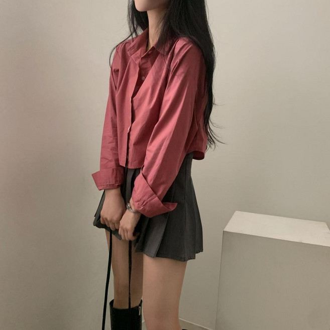 韓國日系短版襯衫女 長袖休閒百搭秋季上衣