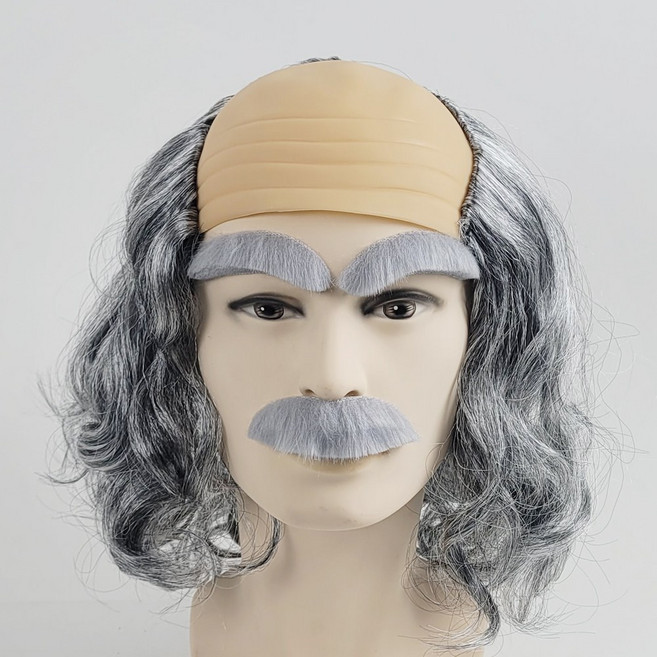 웨이브 대머리가발-눈썹 콧수염 포함, 1개, 회색 대머리가발