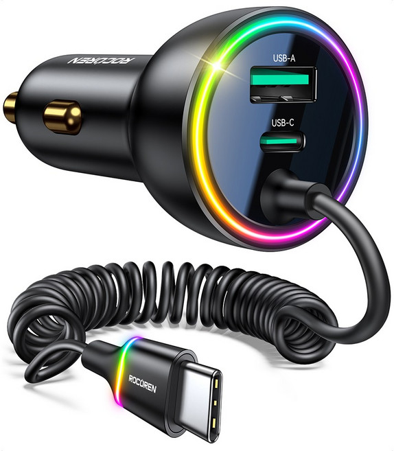 Rocoren 초고속 차량용 3포트 시거잭 충전기 C타입 70W PD3.0/QC3.0 iPhone 용 고속 충전 유형-C USBC 차량용 충전 어댑터 삼성전자 갤럭시 LG, 1.6M 케이블