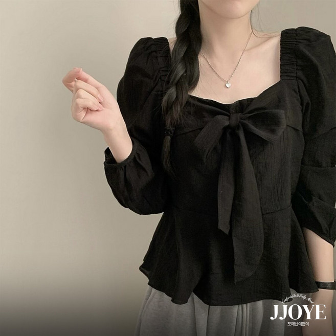 쪼예 스퀘어넥 오프숄더 밴딩 쉬폰 리본 긴팔 블라우스