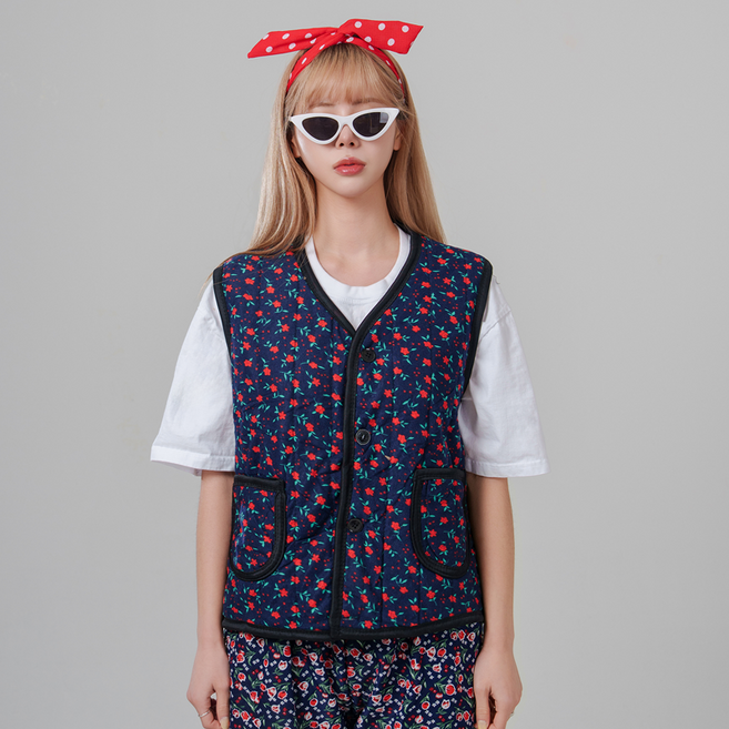 촌강스 레트로 꽃무늬 김장조끼 복고풍 누빔 극세사원단 할머니조끼