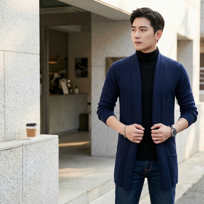 웨일쓰 남성 봄 가을 캐주얼 니트 롱가디건 남자 간절기 분위기있는 롱코트 스웨터 재킷