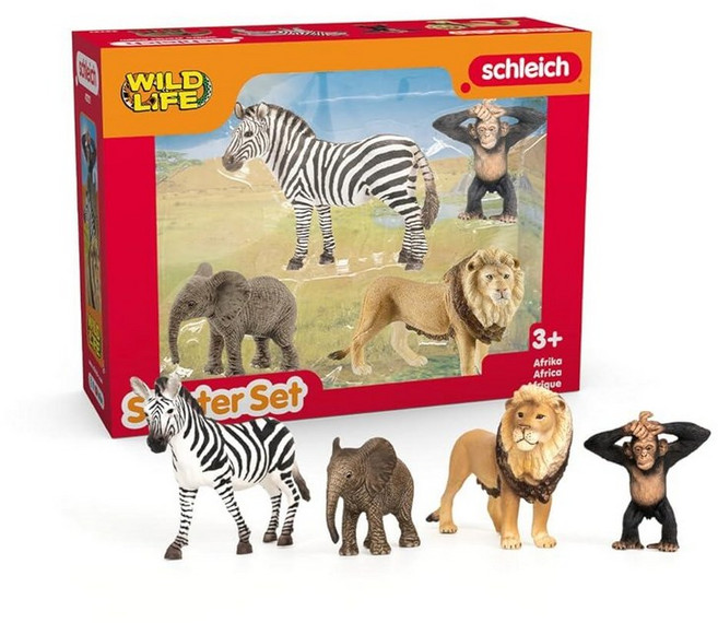 정품++ Schleich 슐라이히 Wild Life - 얼룩말 원숭이 코끼리 및 사자 포함 사파리 동물 피규어 4개 세트 현실적인 아프리카 놀이 이상 교육용, Window Box