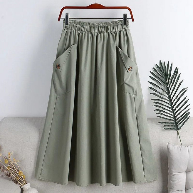 【遮肉顯瘦】半身裙 工裝裙 半身長裙 中長裙 紐扣口袋設計 鬆緊高腰 A字版型 夏季新款 通勤休閒百搭