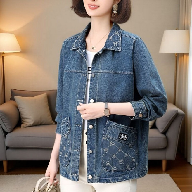 POMTOR 봄가을 중년 여성 데님셔츠 코트 캐주얼 얇은 루즈핏 청자켓 상의