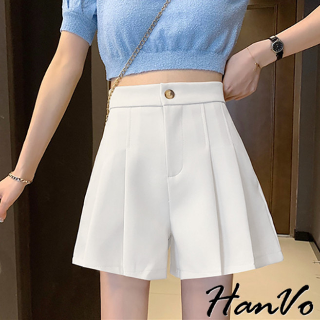 HanVo 打摺高腰西裝短褲 百搭休閒闊腿短褲