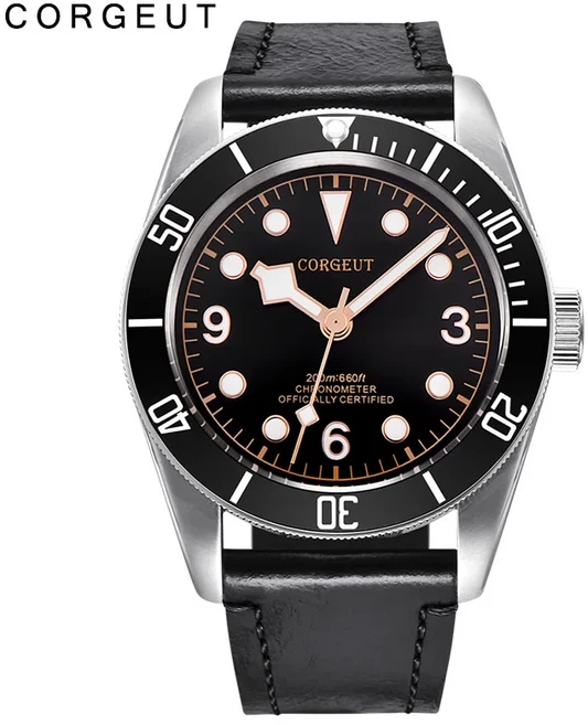 코르게트 40MM NH35 무브먼트 파일럿 남성용 자동 기계식 시계 타입-B 에비에이터 오토 가죽 스트랩 방수, 01 NH35, 01 black-number1