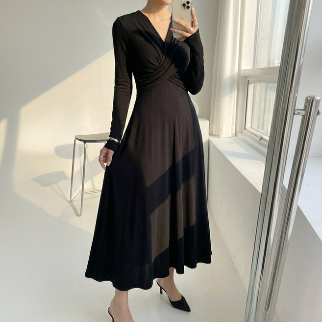 데일리앤 노드 차르르 여리핏 레이온 슬림 스판 긴팔 롱 꼬임 셔링 랩 원피스 봄 가을