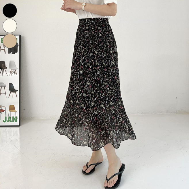 가비진 여성용 시원한 밴드 쉬폰 플리츠 잔꽃 플라워 무늬 롱 스커트 치마