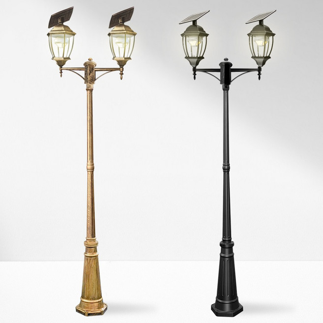 나눔조명 태양광 가로등 엔틱 태양열 조명 LED 정원등 야외조명, 2구 곡면 육각등, 1.8m, 검정색(노란빛)