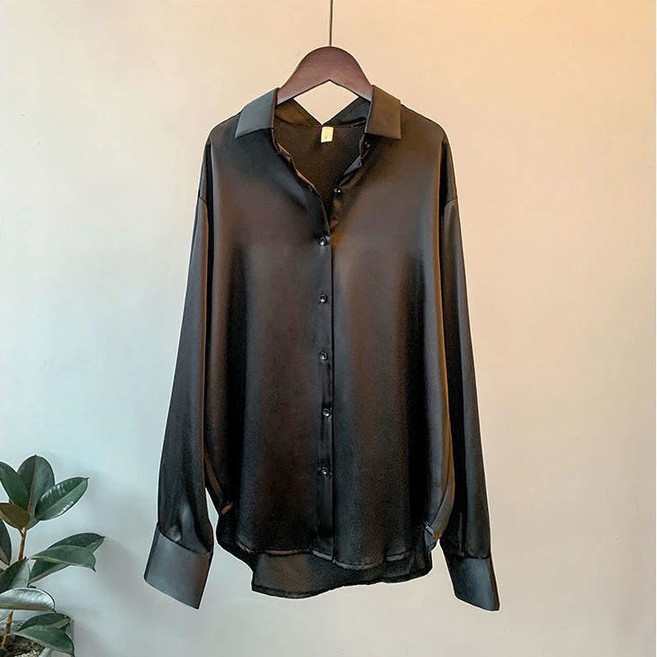 【垂感復古】緞面襯衫 襯衫女 上衣女 長袖襯衫 港風襯衣 設計感襯衫 絲滑緞面 寬鬆百搭 小眾設計 通勤約會穿搭