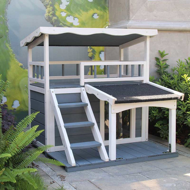 야외 숨숨집 2층 원목 방수 고양이 캣타워 급식소, M-Medium, C 어드밴스드 그레이, 1개