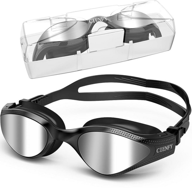 Cienfy 유니 성인용 수영 고글 편광 고글 남성 여성용 김 서림 방지 누출 클리어 비전 수중 467689, Bk (편광 - 미러 실버) 467689