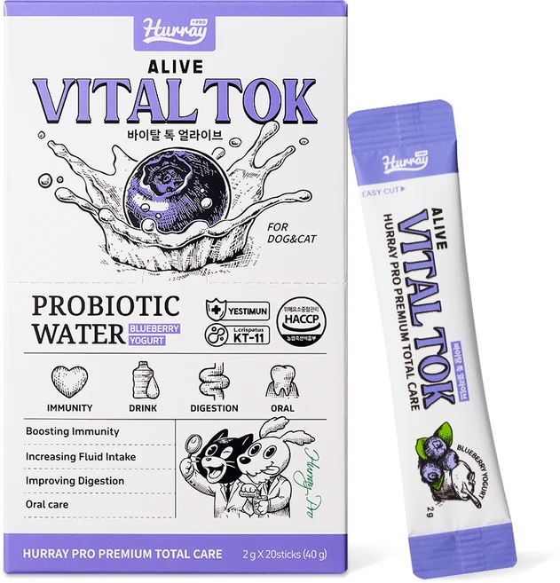 허레이 프로 강아지 고양이 유산균 음수량 신장영양제 바이탈톡 얼라이브 면역력 보조제, 20회분, 장건강/유산균, 1개 - 쿠팡