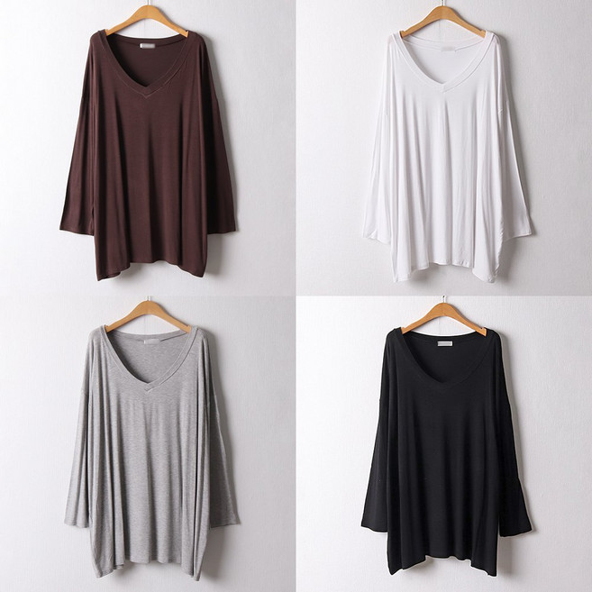 빅사이즈여성의류 실키 브이넥 롱 티셔츠 찰랑찰랑 부드러운 감촉 루즈핏 스판 원단 레이온 긴팔티 66-120 size