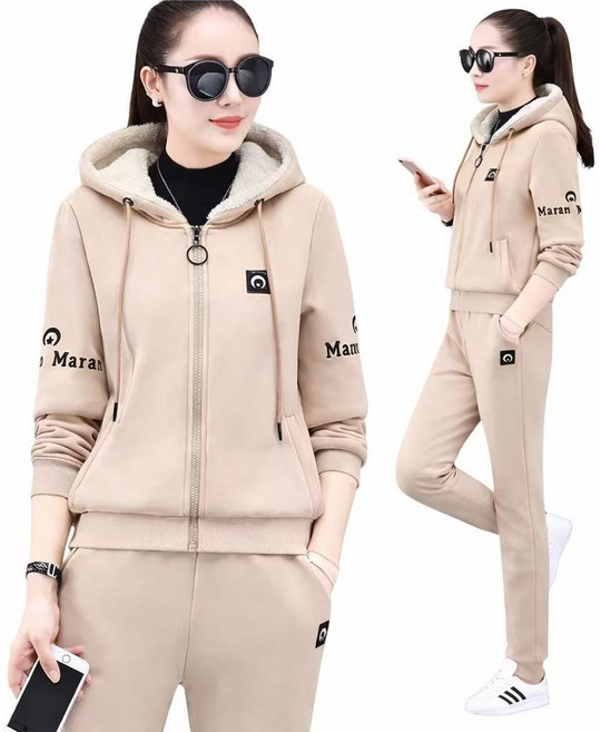 싱싱덴덩New 가을 겨울 중년 여성 여성트레이닝 세트 기모 보온 후드 빅사이즈 트레이닝복 조거 팬츠 투피스