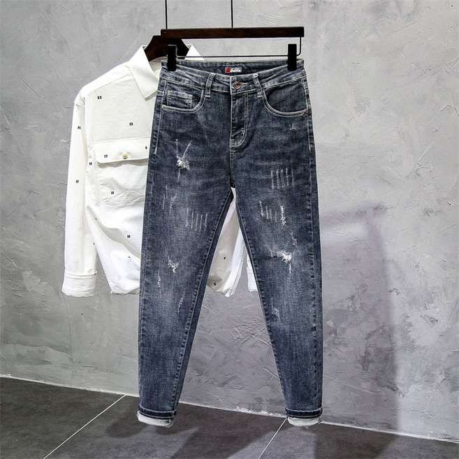 AOKADA 남성 데님 팬츠 슬림 찢청 가을 청바지
