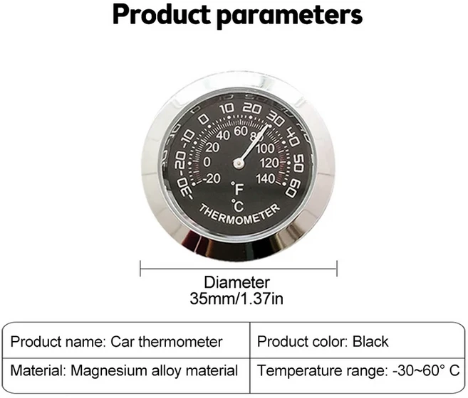 미니 온도계 기계식 배터리 없음 아날로그 37mm 자동차 및 게이지 (붙여 넣기 스티커 포함), 02 Thermometer Black