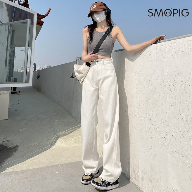 SMOPIG 스트릿 써머 하이웨이스트 와이드 레그 슬림해 보이는 일자핏 데님 슬랙스