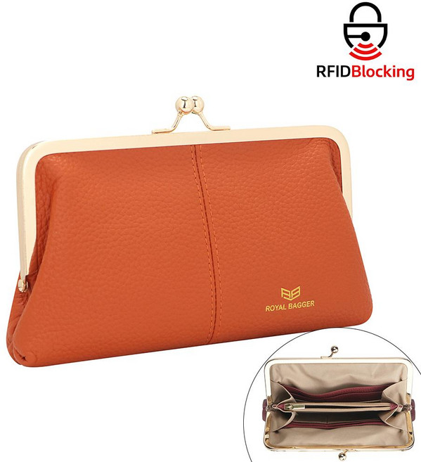 Royal Bagger 가죽 장지갑 키스락 멀티 카드 슬롯 동전 구분 수납 가벼운 여행용 지갑 선물 추천 오렌지