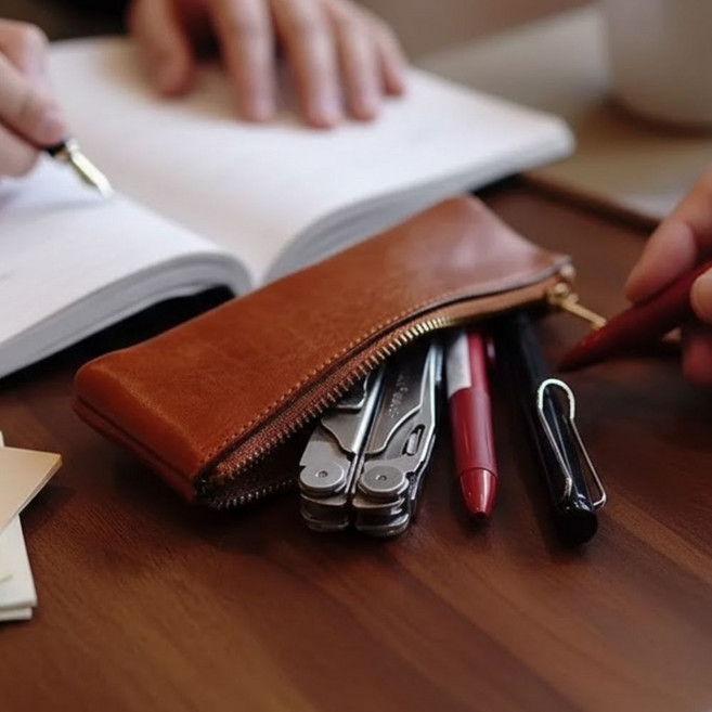 보픈 가죽필통 대학생필통 펜케이스 소가죽, 1개, 브라운