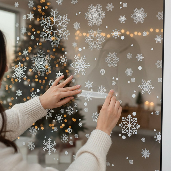 이지유 4장세트 겨울 정전기 창문 스티커 유리 비접착 파티 데코 장식 시트지, 눈꽃