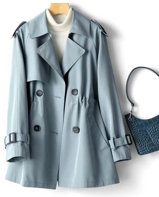 AOKADA 여성 봄 가을 허리 조임 하프 트렌치 코트 키작녀 카라넥 더블 버튼 아우터