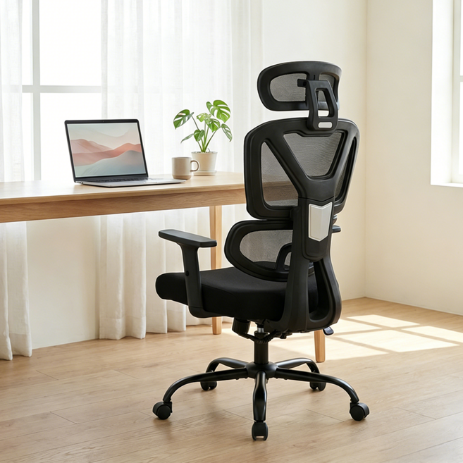 [인체공학] 허리편한 컴퓨터의자 고탄성 쿠션 요추지지대 헤드레스트 사무용 의자 (재택근무/학생용) 밍이샵, 블랙