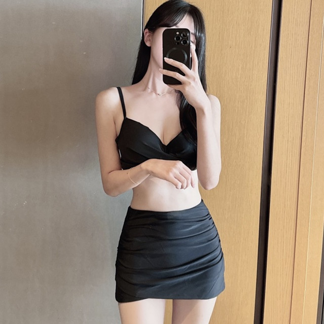 여성 비키니 3종세트 하이웨스트 꼬임 셔링 수영복 스커트 세트 체형커버 뱃살커버 청순글램, 블랙