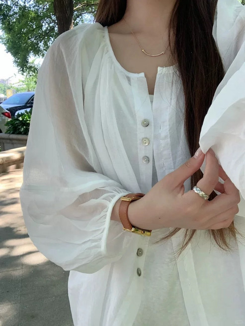 法式溫柔紫天絲亞麻防曬襯衫女夏薄款外搭罩衫寬鬆燈籠袖襯衣外套