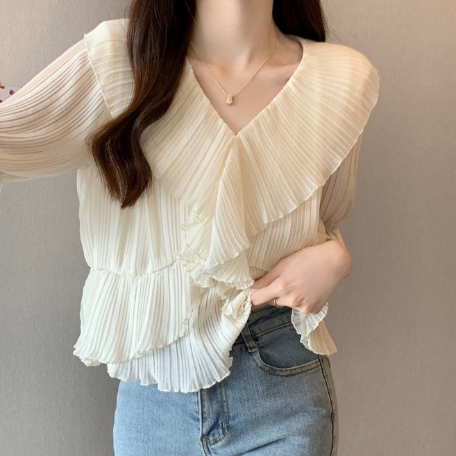 COSYEVNO 반팔 쉬폰 블라우스 프릴 루즈핏 셔링 여름 브이넥 셔츠