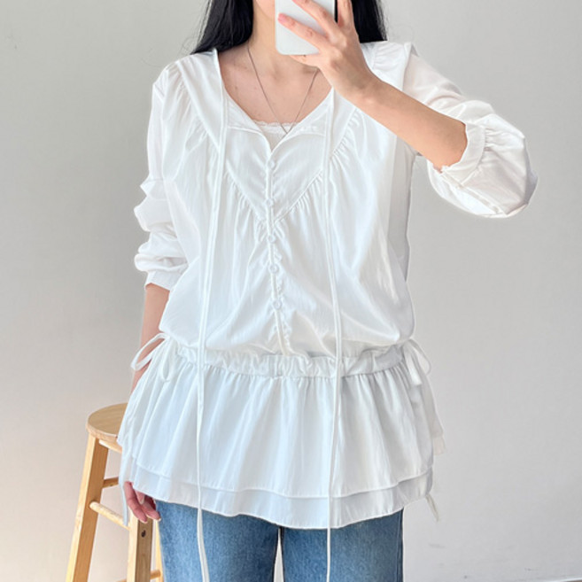 걸즈팩토리 여성용 롱피스트랩 오피스룩 데일리 긴팔 블라우스