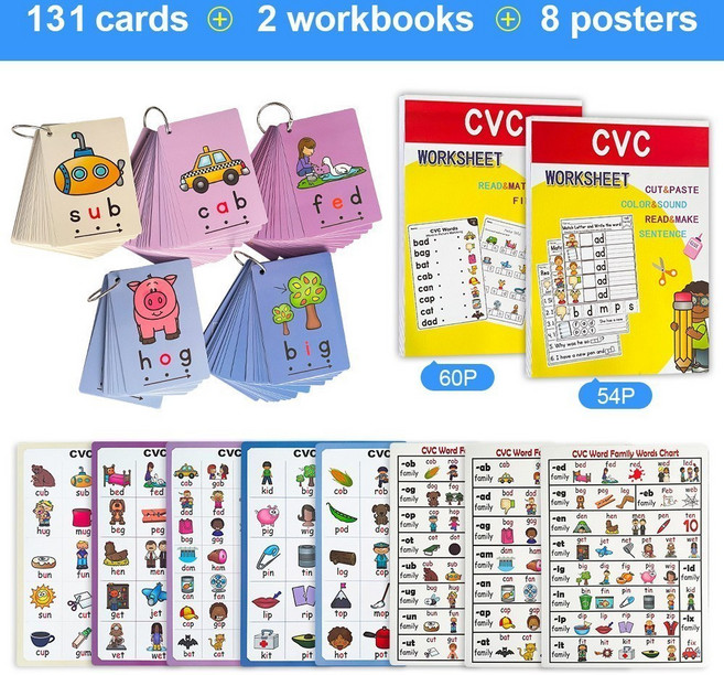 131 CVC Cards + 2 Workbooks +8 Posters 영어 카드 파닉스 단어 유아를 위한 병음 단어 영어 학습 카드 어린이를 위한 언어 차트와 책, Cards+workbooks+posters, 1개