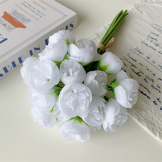 27頭小牡丹花束模擬花擺設, 白色一束, 1個