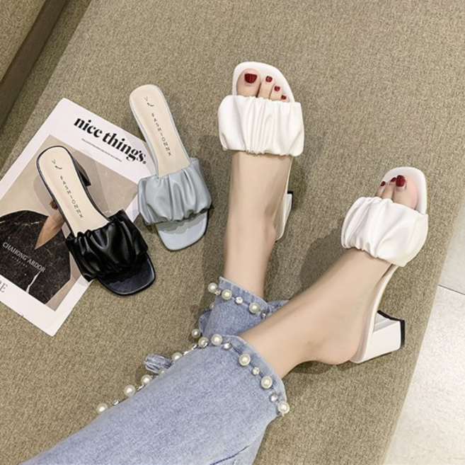 [주문폭주][빠른출고] 셔링 슬리퍼 뮬 미들힐 여름 슈즈 3203-001