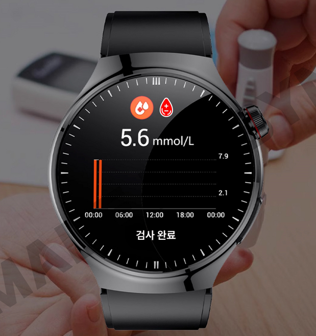 한국어 무채혈 무통 혈당 측정 스마트 워치 혈당측정기 시계 자가치료 심박수 혈압 심전도 수면패턴, 블루, 4.3cm, 블루투스