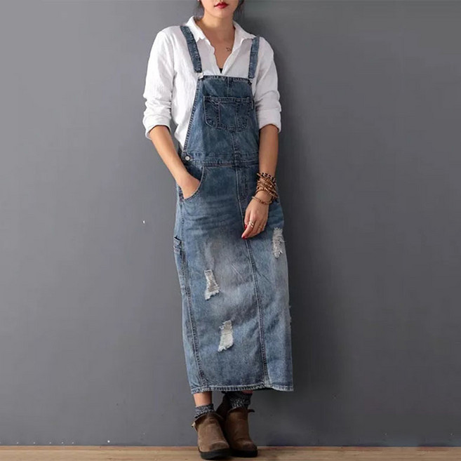 FANSYLI 롱 원피스 여성 봄여름 슬림 멜빵 원피스 패션 찢어진 데님 원피스 빅사이즈 원피스 데일리룩 X2505M21