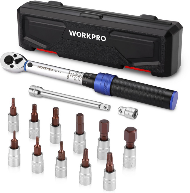 WORKPRO 1/4인치 토션렌치 세트 케이스+13개 프리미엄 토션 액세서리 자전거 수리용 클릭타입 조정 가능한 토크 키트 스케일 포함 퀵 릴리즈 버튼 자동차 유지보수용 토크렌치, 1세트