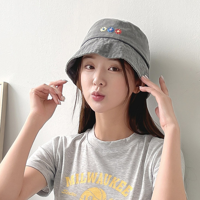 핏예쁜 꽃자수 벙거지 캐주얼 데일리템 코튼 플라워자수 버킷