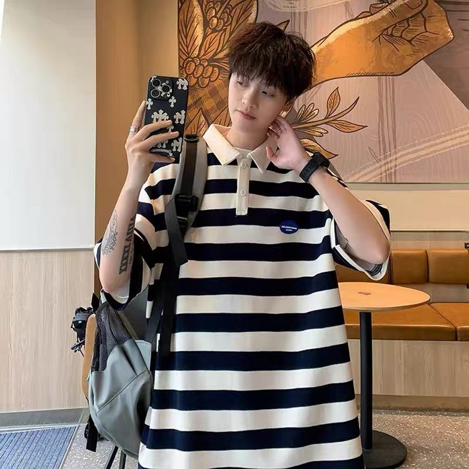 ANYOU 남성용 스트라이프 카라 반팔 티셔츠 루즈핏 캐주얼 남방 상의