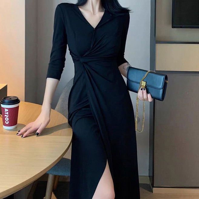 정장원피스 랩롱원피스 브이넥 롱원피스 우아한 트임 랩드레스